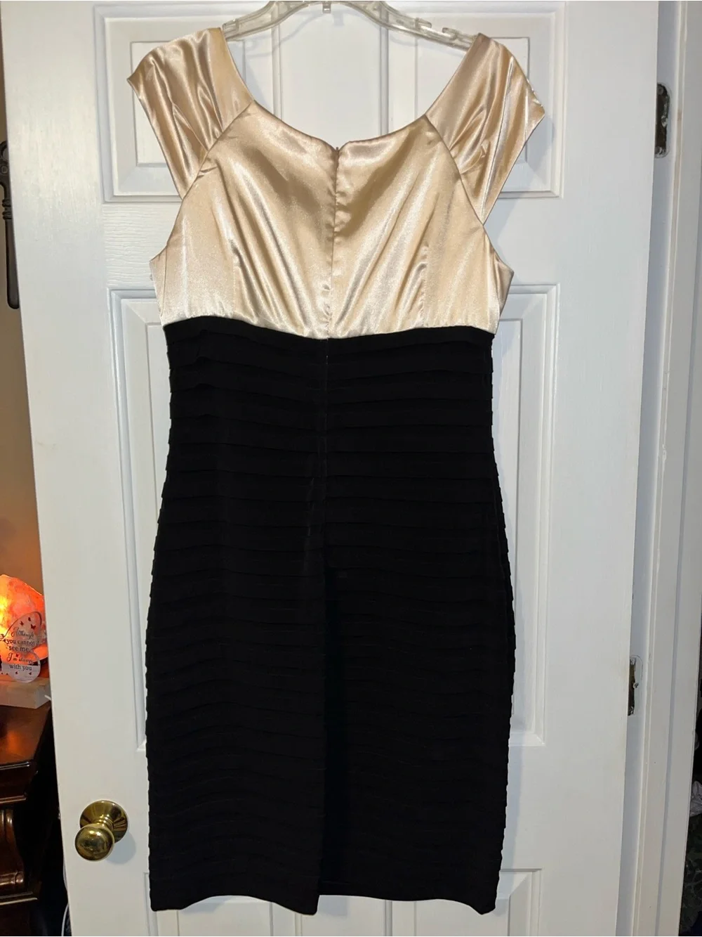 London Times Black and Champagne Cap-Sleeve Midi Sheath Dress